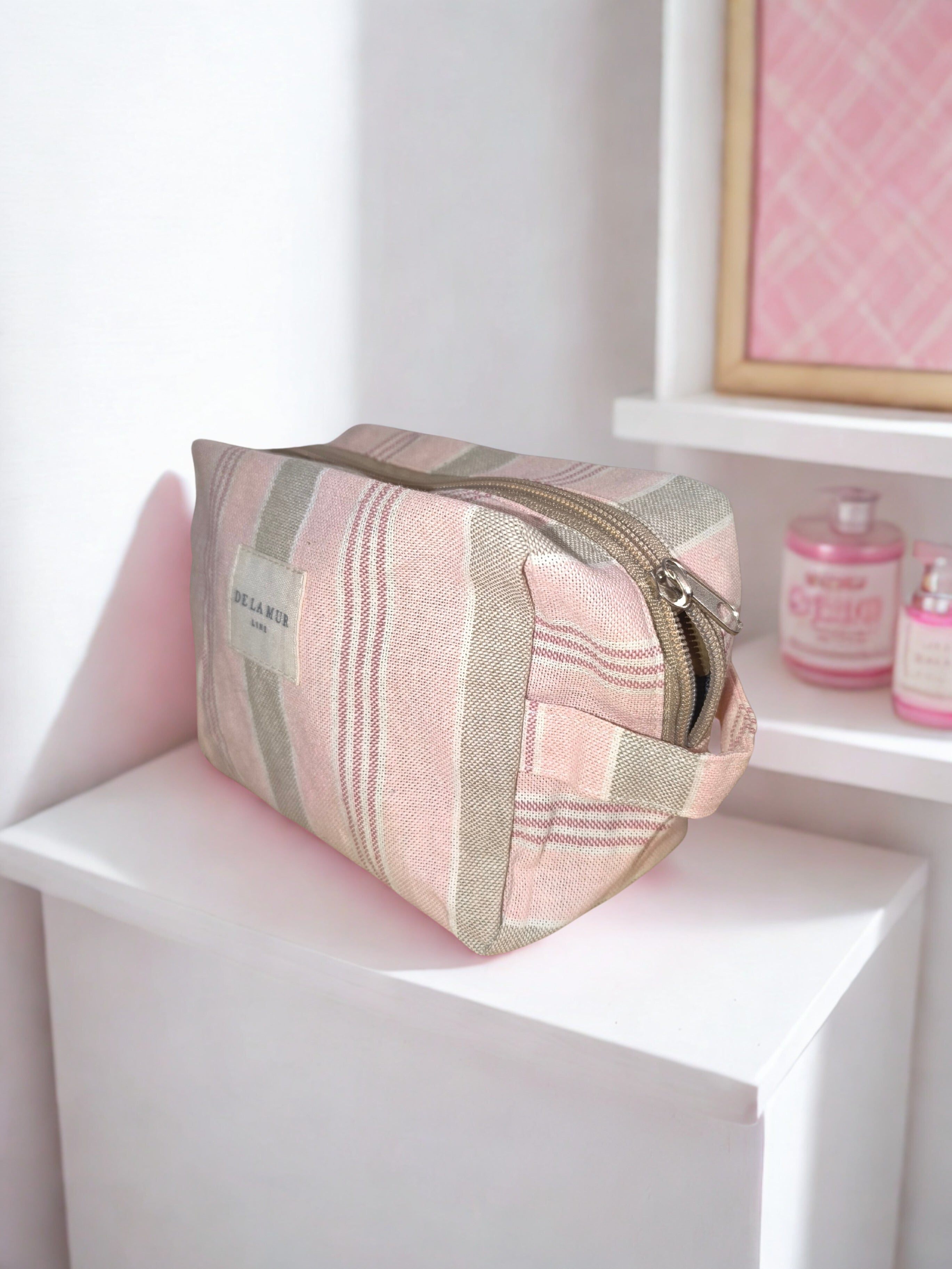 Pochette Jacquard "Pastel" – Rayures Douces Rose & Gris